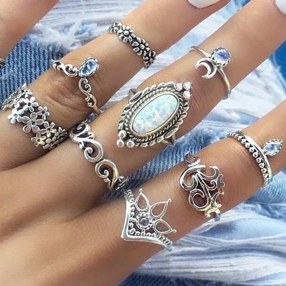 10 Pcs/Set Boho Antique Silver Crystal Rings - Picture 8 of 8